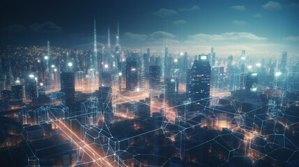 View of a futuristic city with modern buildings from the top of a city-view building for a stunning design