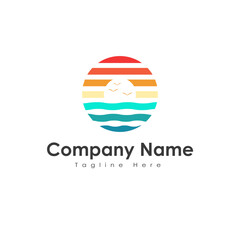 Ocean view simple logo design, with sun, sky, sea, and bird elements, suitable for brand logos of business, company, etc.
