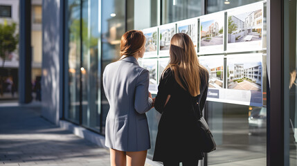 Un couple de femme souhaitant acheter une maison pour un projet immobilier. - obrazy, fototapety, plakaty