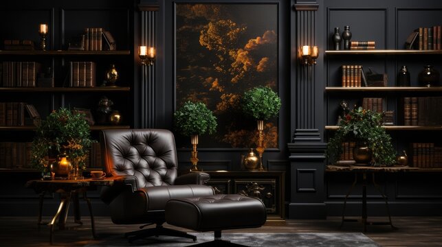 Naklejki Modern interior design for home, office, interior details, upholstered furniture against the background of a dark classic wall. AI Generative