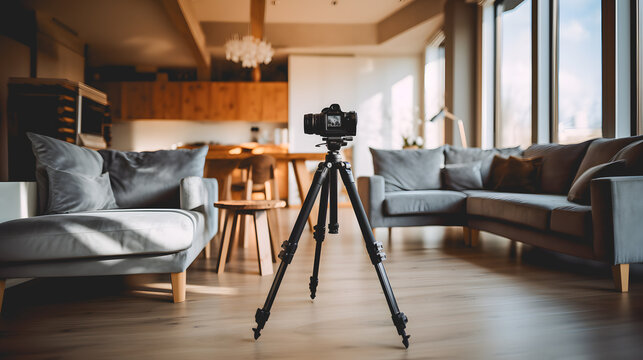 Un appareil photo sur un trépied prenant la pièce d'un appartement en photo pour l'immobilier.