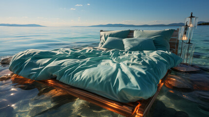 Double bed floating in middle of water, elegant bed linen, blue tropical sea all around , vacations or honeymoon concept