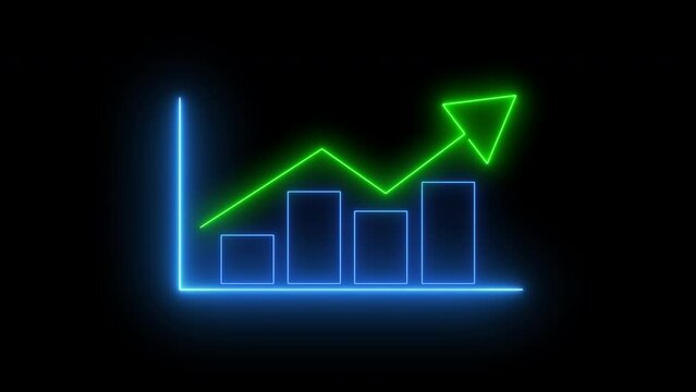 Glowing neon line of virtual graph with up arrow isolated on transparent background. Money, profit, investment, growth business, economy, finance and success concept. 4K motion graphic animation.