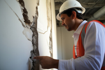 An engineer wearing helmet looks at crack on the wall