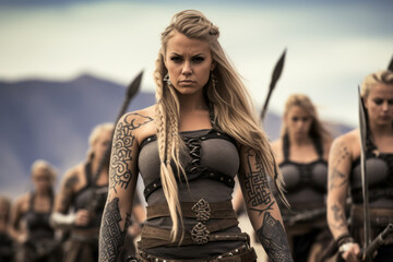 Vikings female warriors portrait with ladies with tattoos and spires weapons