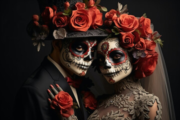Portrait of couple dressed as catrina, skull to honor the dead in Mexico. Dressed with white face, black eyes and a bouquet of red roses