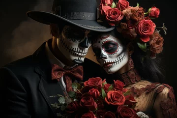 Tuinposter Portrait of couple dressed as catrina, skull to honor the dead in Mexico. Dressed with white face, black eyes and a bouquet of red roses © Keitma
