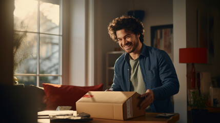 Man unboxing a package received from an e-commerce platform, surprise and joy on his face, living room setting, casual, warm and cozy