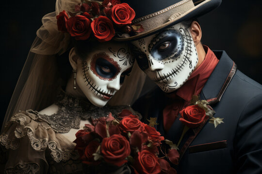 Portrait of couple dressed as catrina, skull to honor the dead in Mexico. Dressed with white face, black eyes and a bouquet of red roses