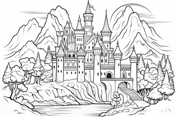 Fairy tale castle in black and white. Beautiful illustration picture. Generative AI