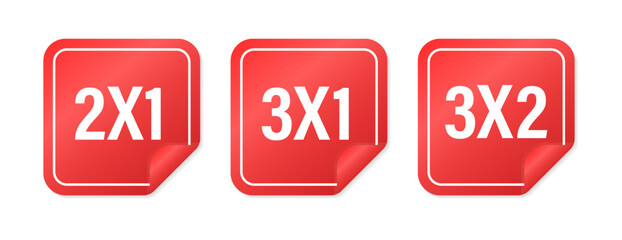 Labels 2x1, 3x1 and 3x2 on white background. Price tag. Sticker. Shopping Advertising. Half Price Commercial Tag. Vector illustration