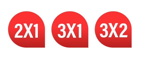 Labels 2x1, 3x1 and 3x2 on white background. Price tag. Sticker. Shopping Advertising. Half Price Commercial Tag. Vector illustration