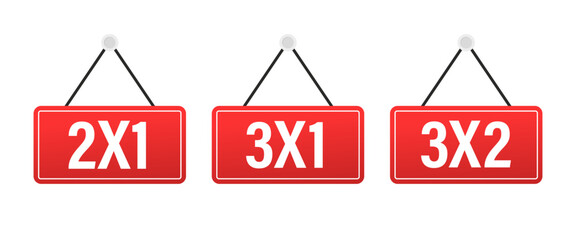 Labels 2x1, 3x1 and 3x2 on white background. Price tag. Sticker. Shopping Advertising. Half Price Commercial Tag. Long Shadow Label. Vector illustration