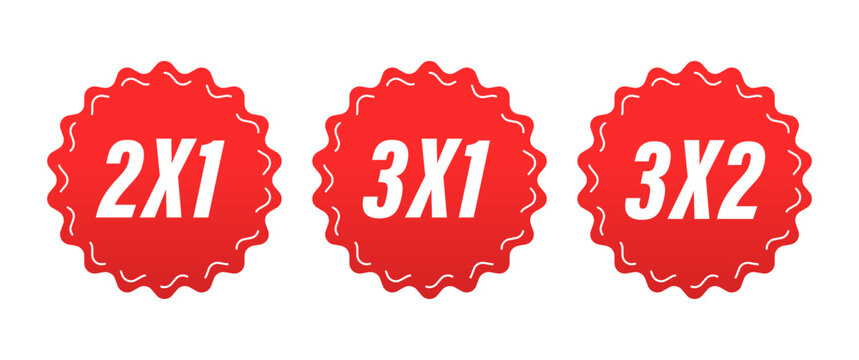 Labels 2x1, 3x1 and 3x2 on white background. Price tag. Sticker. Shopping Advertising. Half Price Commercial Tag. Vector illustration