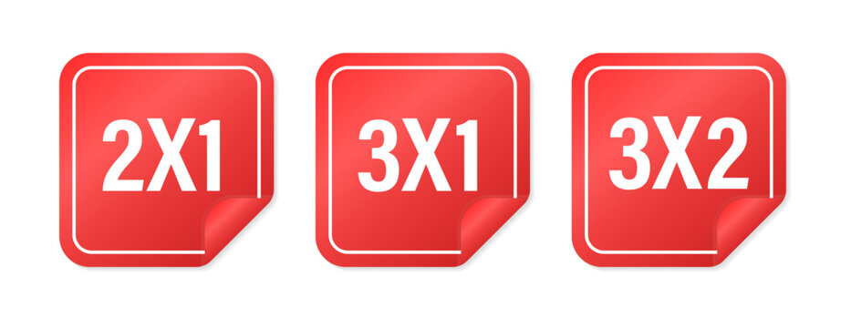 Labels 2x1, 3x1 and 3x2 on white background. Price tag. Sticker. Shopping Advertising. Half Price Commercial Tag. Vector illustration