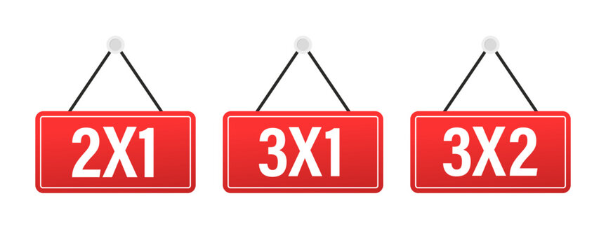 Labels 2x1, 3x1 and 3x2 on white background. Price tag. Sticker. Shopping Advertising. Half Price Commercial Tag. Long Shadow Label. Vector illustration