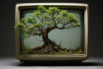 Little tree is growing in tv monitor. Beautiful illustration picture. Generative AI