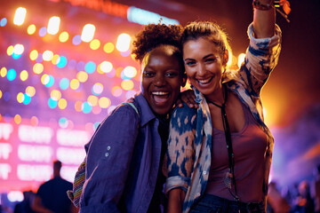 Young carefree women have fun at open air music concert at night and looking at camera. - obrazy, fototapety, plakaty
