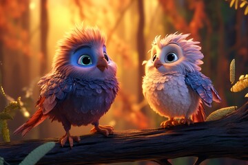 Naklejka premium Two small fluffy birds with big eyes are standing together. Beautiful illustration picture. Generative AI