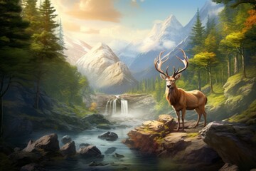 Vivid nature with majestic view and deer. Beautiful illustration picture. Generative AI