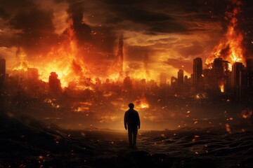 Man is watching the world burning. Beautiful illustration picture. Generative AI