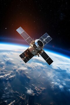 photo of a satellite in space. Earth in the background