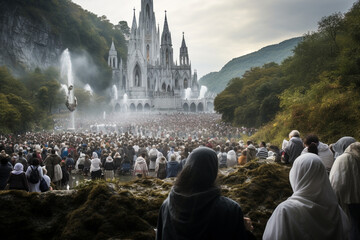 A mesmerizing image of pilgrims gathering at the sacred site of Lourdes, seeking healing and spiritual solace Generative AI