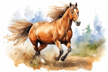 Watercolor horse is running. Beautiful illustration picture. Generative AI