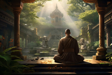 A mesmerizing portrayal of a contemplative monk in a peaceful cloister garden, deep in prayer and meditation Generative AI