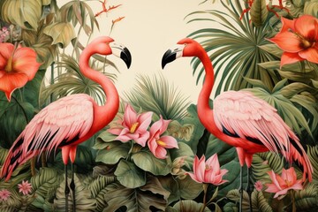 Emperor birds and flowers. Beautiful illustration picture. Generative AI