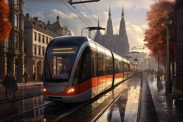 Fototapeta premium Realistic tram in the city. Beautiful illustration picture. Generative AI