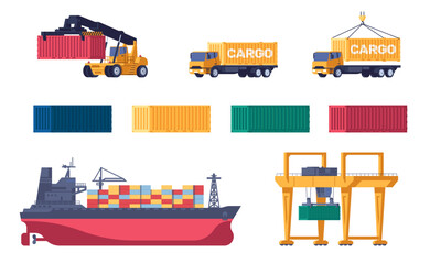 Seaport equipment. Seagoing cargo ship. Container loaders with cranes. Automobile trucks. Marine transport loading. Hook lifting metal boxes. Freight transportation elements vector set