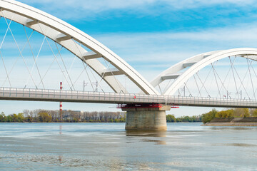 Zezelj bridge, a tied-arch bridge on Danube river in Novi Sad, Vojvodina, Serbia.