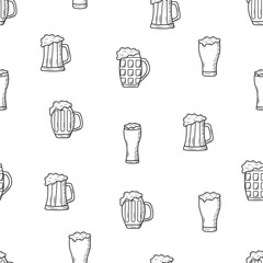 Seamless Pattern Beer doodle icons. Vector illustration of Mugs and glasses with beer. Background wallpaper Oktoberfest or bar.