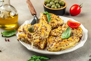 turkish pie with meat. burek pie. Food recipe background. Close up