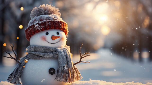 Winter holiday christmas background banner with cute funny laughing snowman with wool hat and scarf, on snowy snow snowscape and bokeh light