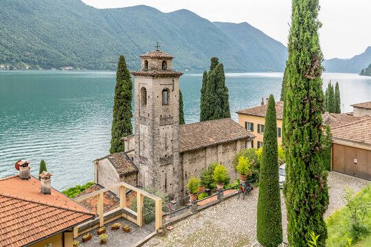 The ancient church of San Sebastiano in Albogasio Oria, Como, Italy, overlooking Lake Lugano