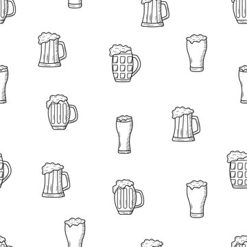 Seamless Pattern Beer doodle icons. Vector illustration of Mugs and glasses with beer. Background wallpaper Oktoberfest or bar.