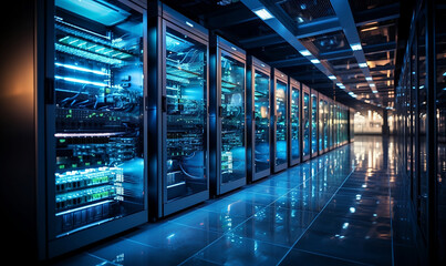 Data Center Server Room. Network Communication, Colorful Neon Server Racks, and Telecommunication Equipment, Optical fiber in a Cutting-Edge Technology Background. generative ai 