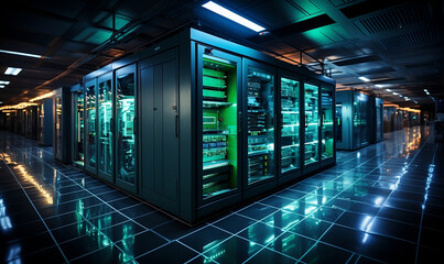 Data Center Server Room. Network Communication, Colorful Neon Server Racks, and Telecommunication...