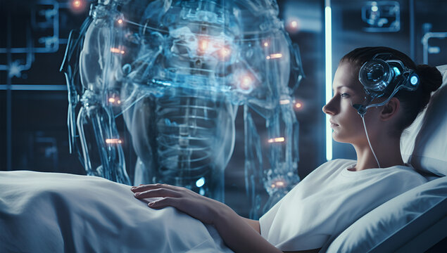 woman is lying on the hospital bed covered with a bedsheet. AI robot nurse anxiously looks after her.  Image created with Generative AI