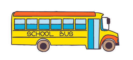 Doodle yellow school bus icon. Colorful hand drawn bus symbol. Png clipart isolated on transparent background © paketesama