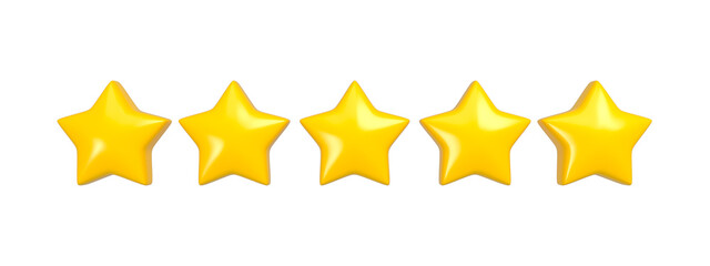 Set of five glossy yellow stars isolated. Customer rating feedback concept. 3d rendering.