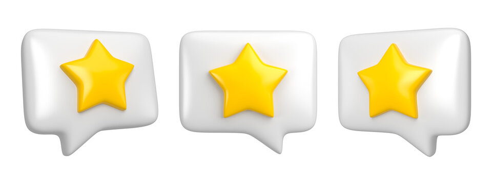Set of comment bubble review icon isolated. Cartoon yellow star message concept of rate or feedback. 3d rendering.