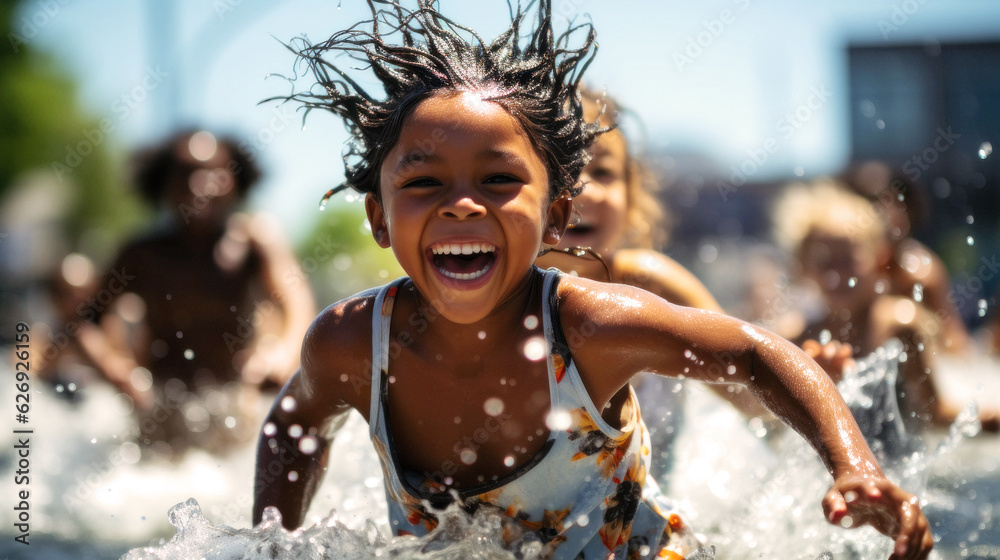 Wall mural On a sunny day, pool, diverse children gather, their laughter filling the air. United by friendship, they enjoy the sun, sand, and sea, showcasing pure joy, friendship knows no race. Generative AI