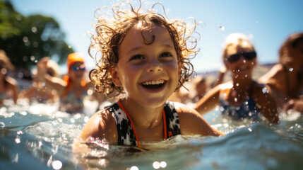 Obraz premium On a sunny day, pool, diverse children gather, their laughter filling the air. United by friendship, they enjoy the sun, sand, and sea, showcasing pure joy, friendship knows no race. Generative AI