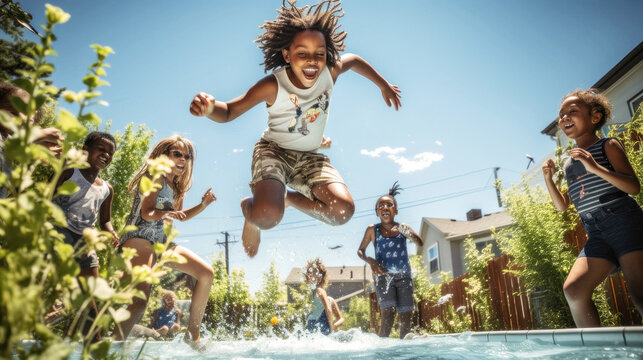 On a sunny day, pool, diverse children gather, their laughter filling the air. United by friendship, they enjoy the sun, sand, and sea, showcasing pure joy, friendship knows no race. Generative AI