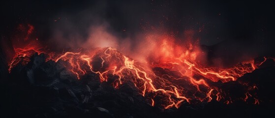 Fototapeta premium Volcano eruption with fiery lava and smoke. Generative AI