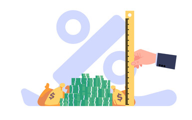 Valuing investments. Businessman uses ruler to measure interest on cash deposits. Money banknotes and bags. Banking percent meter. Financial increase. Economic measurement. Vector concept