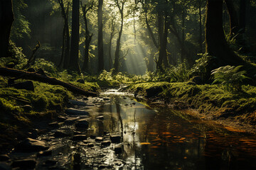 Fototapeta na wymiar Sunlit forest with stream. Generative AI